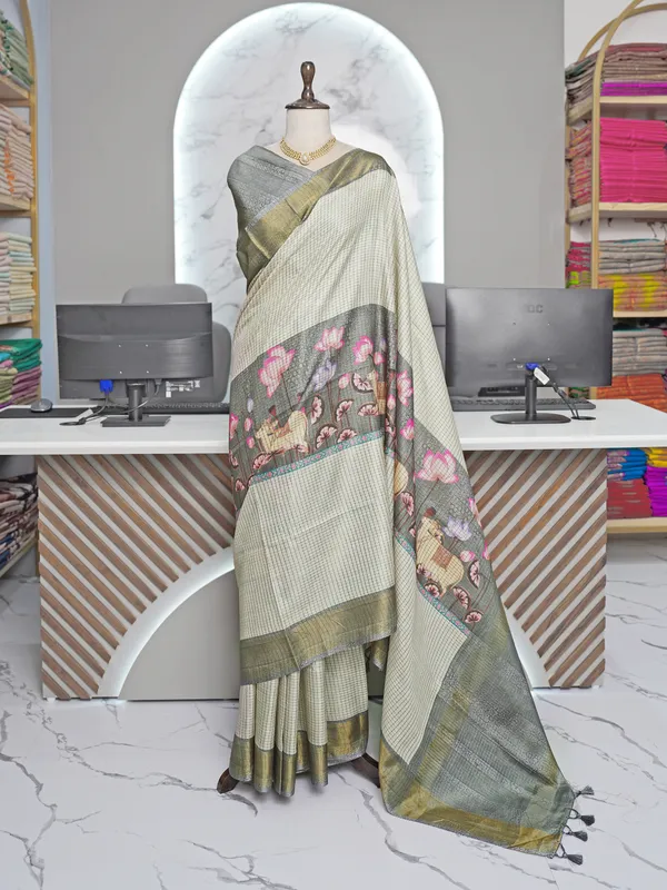 Soft_Tussar_Silk_sarees_with_Beautiful_Digital_Print_With_Attractive_Checks_Design_Saree_And_Digital_Print_Blouse_With_Tassels