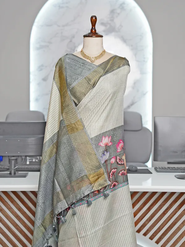 Soft_Tussar_Silk_sarees_with_Beautiful_Digital_Print_With_Attractive_Checks_Design_Saree_And_Digital_Print_Blouse_With_Tassels