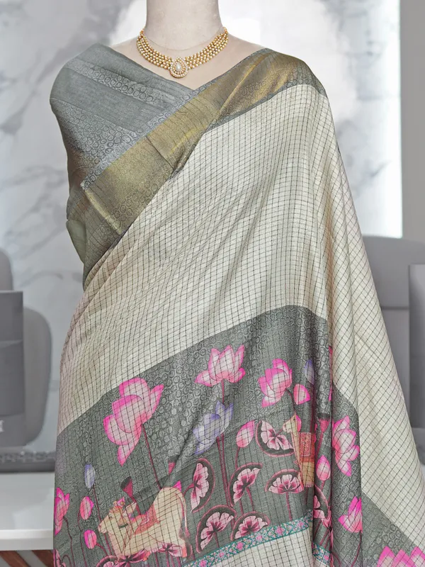 Soft_Tussar_Silk_sarees_with_Beautiful_Digital_Print_With_Attractive_Checks_Design_Saree_And_Digital_Print_Blouse_With_Tassels