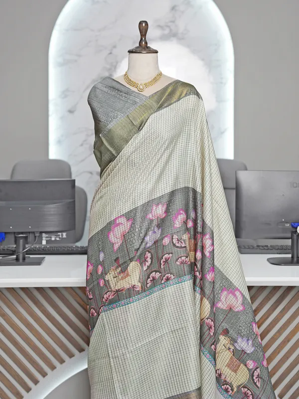 Soft_Tussar_Silk_sarees_with_Beautiful_Digital_Print_With_Attractive_Checks_Design_Saree_And_Digital_Print_Blouse_With_Tassels