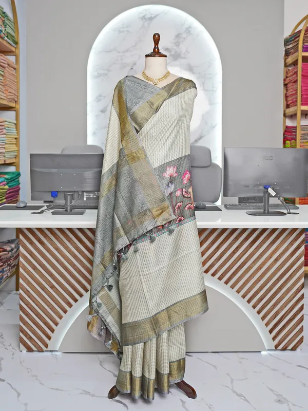 Soft_Tussar_Silk_sarees_with_Beautiful_Digital_Print_With_Attractive_Checks_Design_Saree_And_Digital_Print_Blouse_With_Tassels