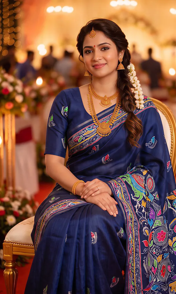 Diya_Blue_–_Lamp_Lit_Diwali_Special_|_Soft_Tussar_Silk_Saree_with_Digital_Print,_Border_&_Contrast_Print_Blouse_with_Tassels