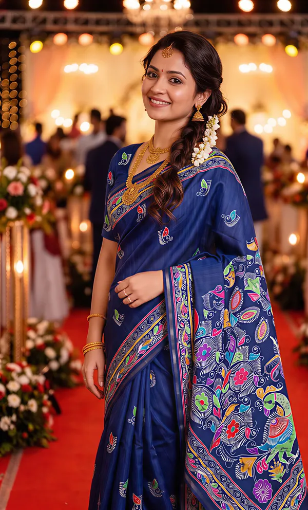 Diya_Blue_–_Lamp_Lit_Diwali_Special_|_Soft_Tussar_Silk_Saree_with_Digital_Print,_Border_&_Contrast_Print_Blouse_with_Tassels