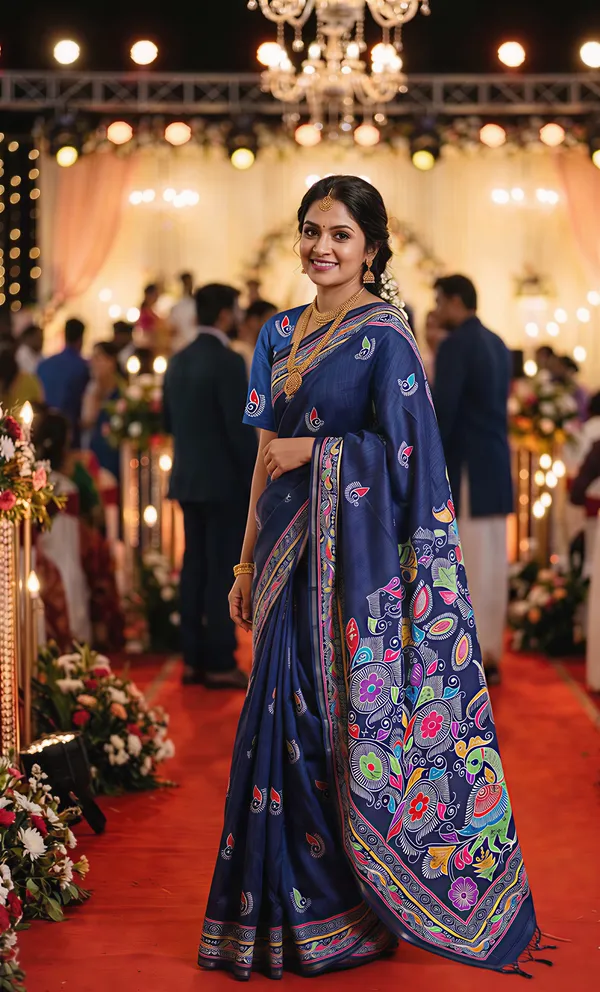 Diya_Blue_–_Lamp_Lit_Diwali_Special_|_Soft_Tussar_Silk_Saree_with_Digital_Print,_Border_&_Contrast_Print_Blouse_with_Tassels