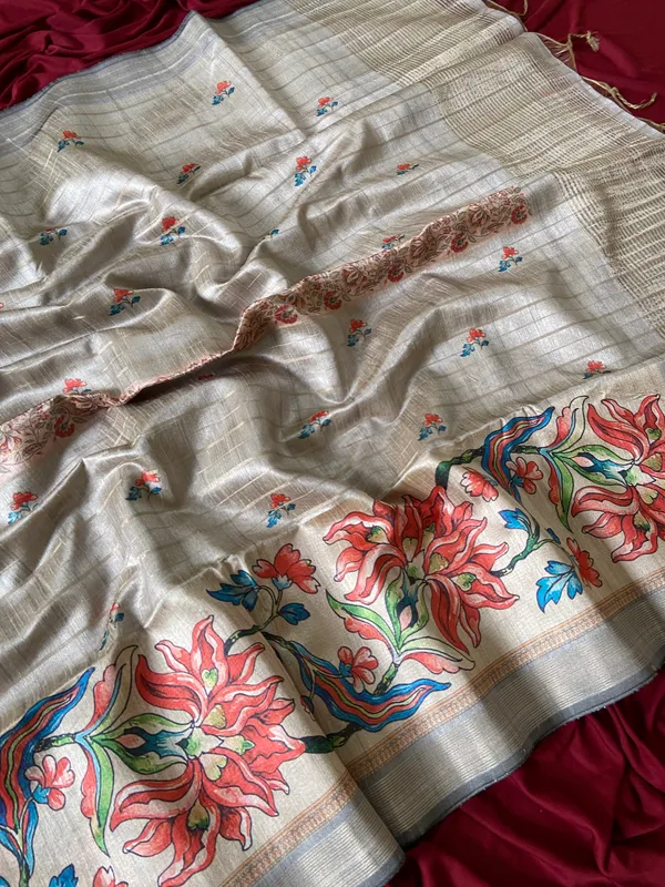 Soft_Semi_Tussar_Silk_sarees_with_Beautiful_Digital_Print_With_Attractive_Border_And_Contrast_Print_Blouse_With_Tassels