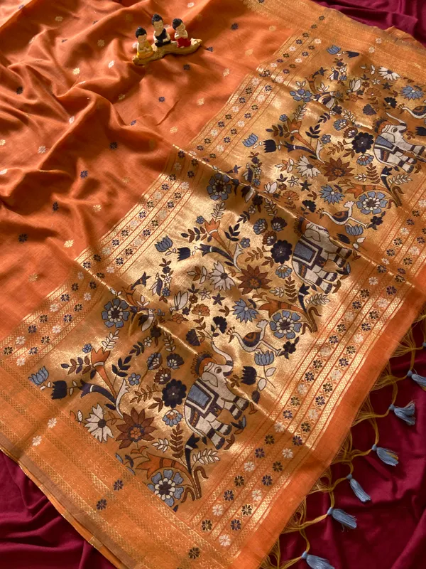Gowri_Orange_–_Divine_Wedding_Special_|_Premium_Soft_Muga_Cotton_Paithani_Saree_with_Colourful_3D_Woven_Elephant_Design_Pallu