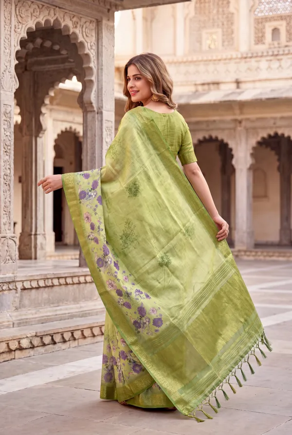 Vaanya_2_Pista_Green_–_Diwali_Special_|_Soft_Tissue_Silk_Saree_with_Digital_Print,_Border_&_Rich_Pallu,_Sequence_&_Contrast_Print_Blouse_with_Tassels