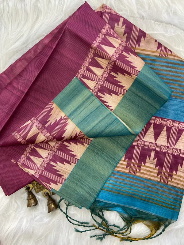Niharika_Wine_–_Dew_Fresh_Diwali_Special_|_Soft_Tussar_Silk_Saree_with_Print,_Border_&_Contrast_Print_Blouse_with_Tassels