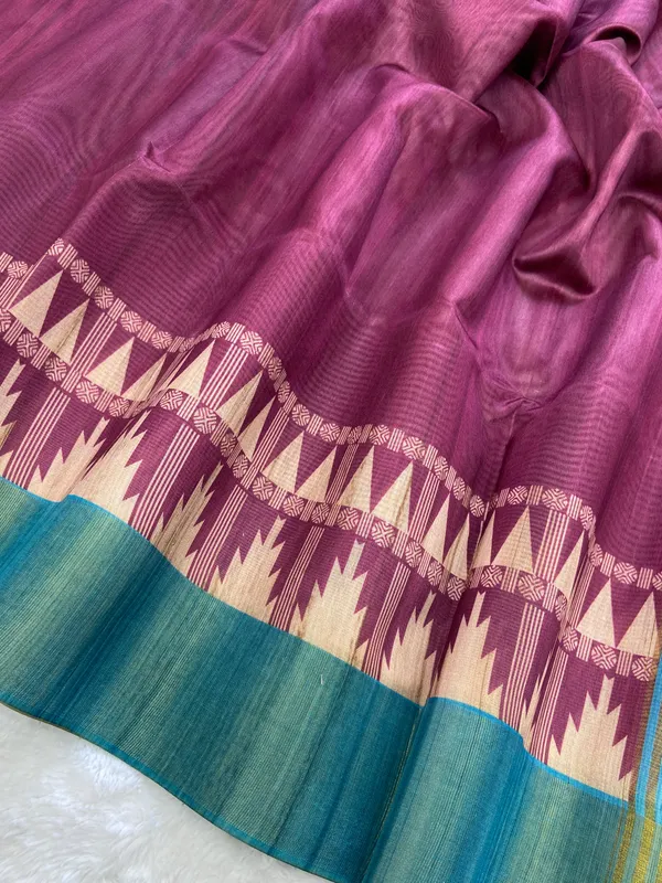 Niharika_Wine_–_Dew_Fresh_Diwali_Special_|_Soft_Tussar_Silk_Saree_with_Print,_Border_&_Contrast_Print_Blouse_with_Tassels