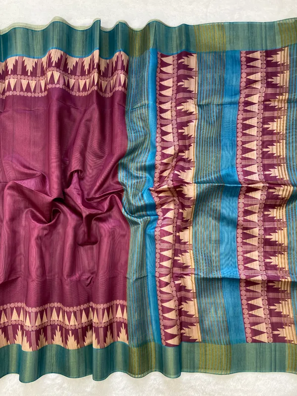 Niharika_Wine_–_Dew_Fresh_Diwali_Special_|_Soft_Tussar_Silk_Saree_with_Print,_Border_&_Contrast_Print_Blouse_with_Tassels