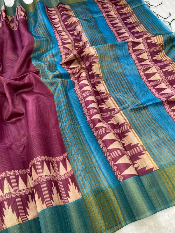 Niharika_Wine_–_Dew_Fresh_Diwali_Special_|_Soft_Tussar_Silk_Saree_with_Print,_Border_&_Contrast_Print_Blouse_with_Tassels