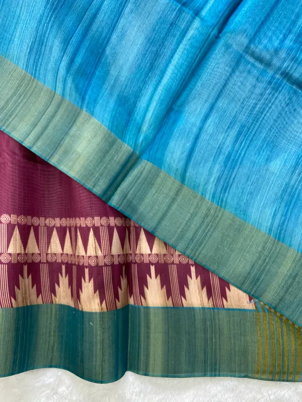 Niharika_Wine_–_Dew_Fresh_Diwali_Special_|_Soft_Tussar_Silk_Saree_with_Print,_Border_&_Contrast_Print_Blouse_with_Tassels
