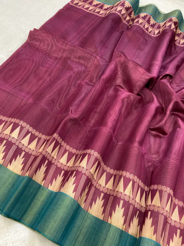 Niharika_Wine_–_Dew_Fresh_Diwali_Special_|_Soft_Tussar_Silk_Saree_with_Print,_Border_&_Contrast_Print_Blouse_with_Tassels