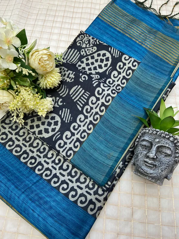 Deepali_Blue_–_Row_of_Lamps_Diwali_Special_|_Soft_Tussar_Silk_Saree_with_Print,_Border_&_Contrast_Print_Blouse_with_Tassels