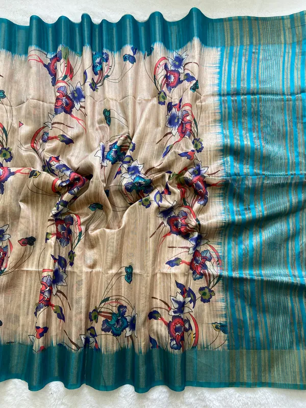 Kaveri_Rama_Green_–_Navratri_Special_|_Soft_Tussar_Silk_Saree_with_Digital_Print,_Pallu_&_Zari_Border_&_Contrast_Digital_Print_Blouse_with_Tassels