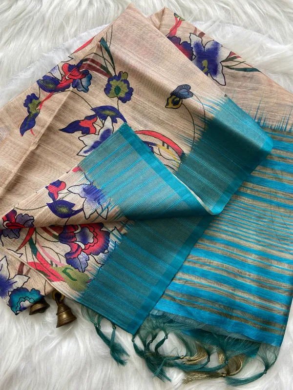 Kaveri_Rama_Green_–_Navratri_Special_|_Soft_Tussar_Silk_Saree_with_Digital_Print,_Pallu_&_Zari_Border_&_Contrast_Digital_Print_Blouse_with_Tassels