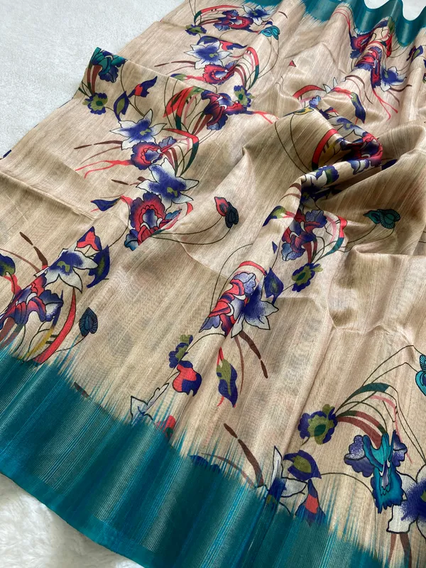 Kaveri_Rama_Green_–_Navratri_Special_|_Soft_Tussar_Silk_Saree_with_Digital_Print,_Pallu_&_Zari_Border_&_Contrast_Digital_Print_Blouse_with_Tassels