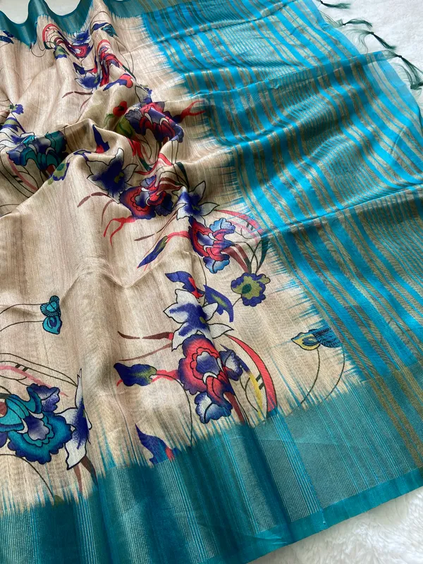 Kaveri_Rama_Green_–_Navratri_Special_|_Soft_Tussar_Silk_Saree_with_Digital_Print,_Pallu_&_Zari_Border_&_Contrast_Digital_Print_Blouse_with_Tassels