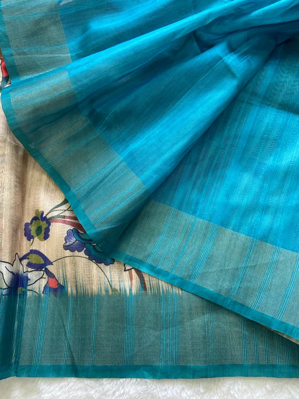 Kaveri_Rama_Green_–_Navratri_Special_|_Soft_Tussar_Silk_Saree_with_Digital_Print,_Pallu_&_Zari_Border_&_Contrast_Digital_Print_Blouse_with_Tassels