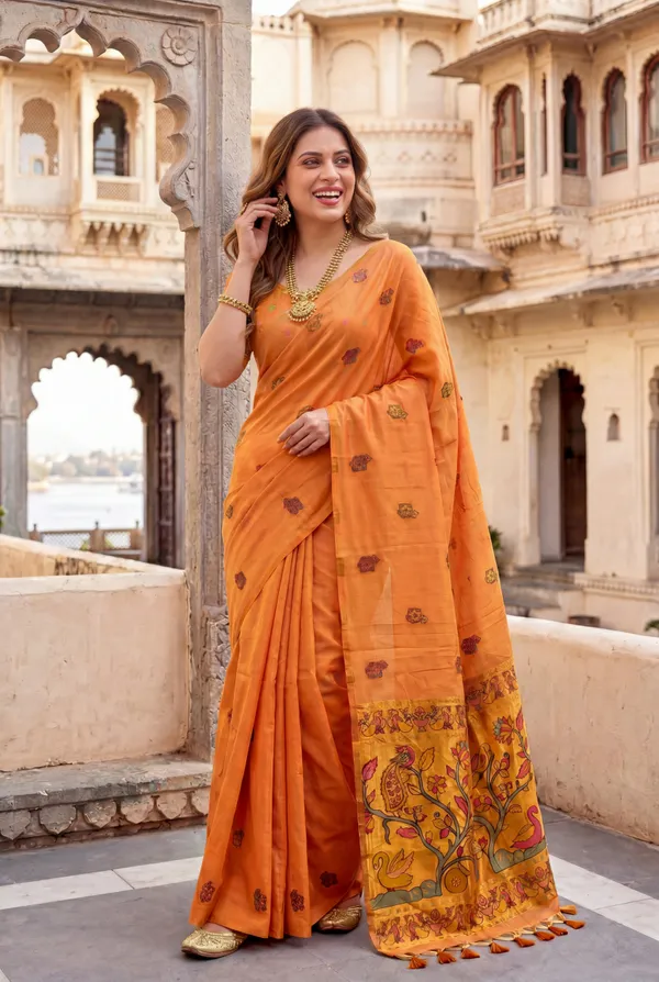 Swan_Orange_–_Swan_Motif_Wedding_Special_|_Premium_Soft_Muga_Cotton_Paithani_Saree_with_Weaving_Design_Featuring_Jungle_Theme_&_Swan_Motifs_Pallu