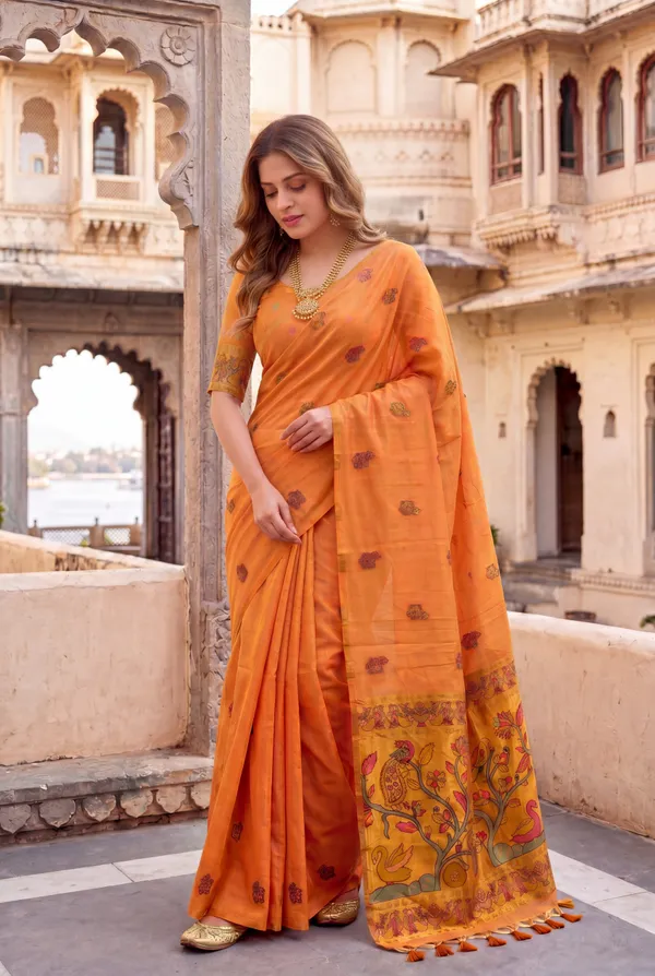 Swan_Orange_–_Swan_Motif_Wedding_Special_|_Premium_Soft_Muga_Cotton_Paithani_Saree_with_Weaving_Design_Featuring_Jungle_Theme_&_Swan_Motifs_Pallu