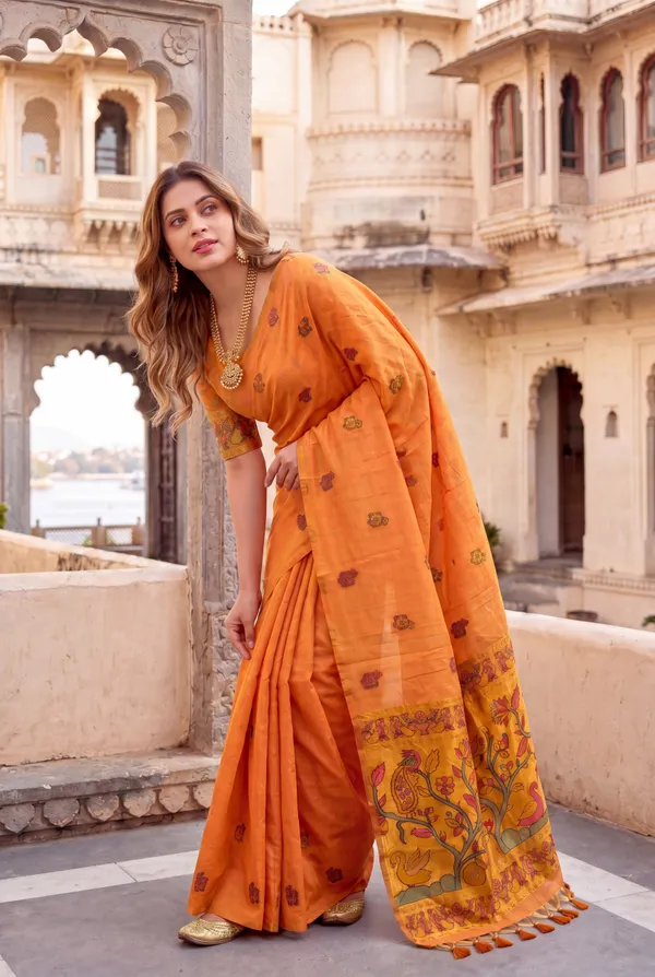 Swan_Orange_–_Swan_Motif_Wedding_Special_|_Premium_Soft_Muga_Cotton_Paithani_Saree_with_Weaving_Design_Featuring_Jungle_Theme_&_Swan_Motifs_Pallu