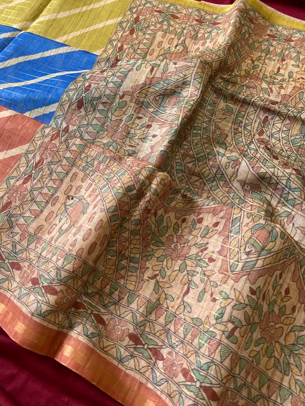 Soft_Semi_Tussar_Silk_sarees_with_Beautiful_Digital_Print_With_Attractive_Border_And_Contrast_Print_Blouse_With_Tassels