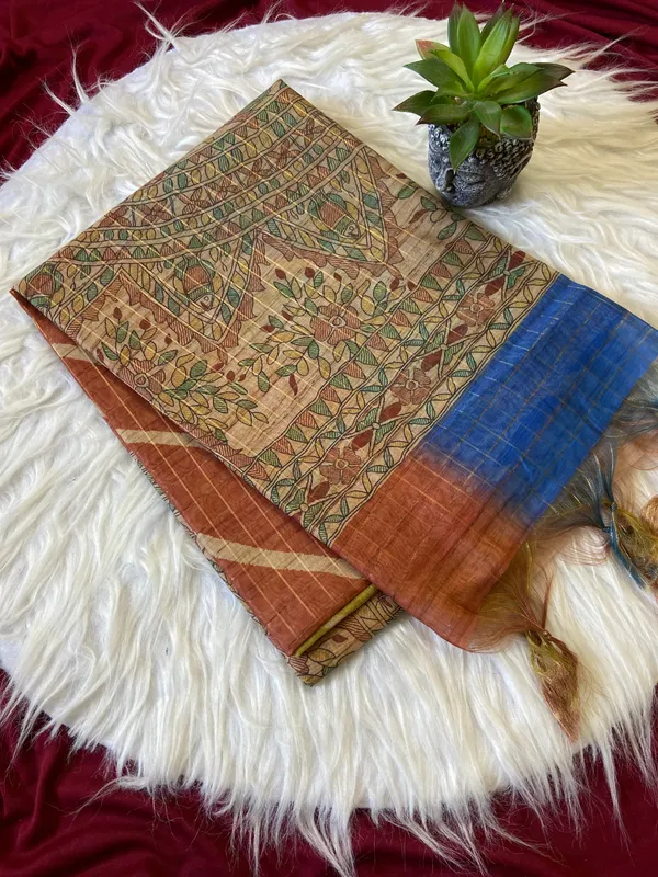 Soft_Semi_Tussar_Silk_sarees_with_Beautiful_Digital_Print_With_Attractive_Border_And_Contrast_Print_Blouse_With_Tassels
