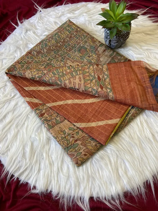 Soft_Semi_Tussar_Silk_sarees_with_Beautiful_Digital_Print_With_Attractive_Border_And_Contrast_Print_Blouse_With_Tassels