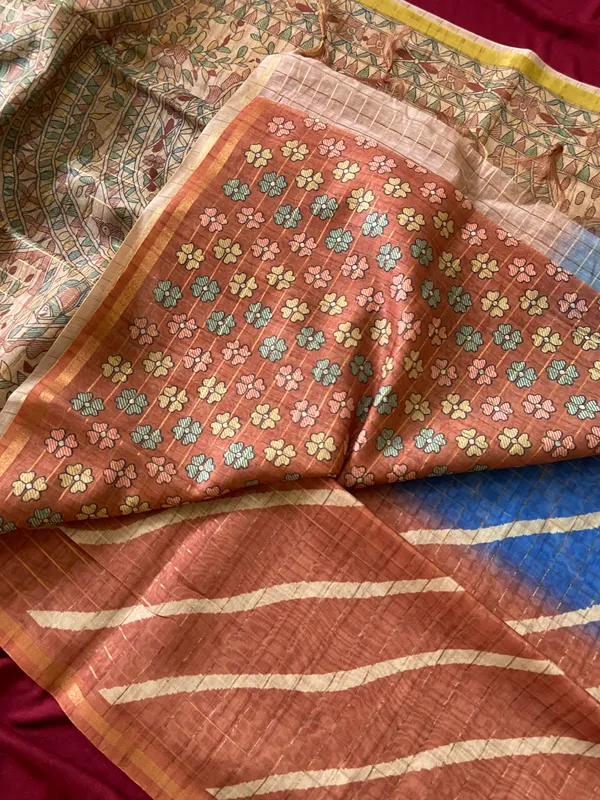 Soft_Semi_Tussar_Silk_sarees_with_Beautiful_Digital_Print_With_Attractive_Border_And_Contrast_Print_Blouse_With_Tassels