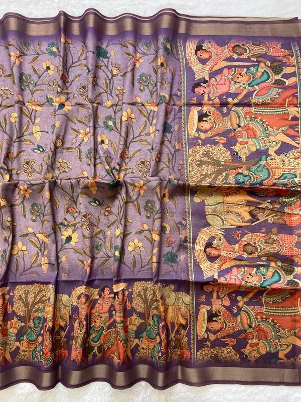 Pritha_Purple_–_Navratri_Special_|_Soft_Tussar_Silk_Saree_with_Digital_Print,_Border_&_Contrast_Print_Blouse_with_Tassels