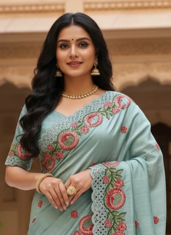 Heavy_Tussar_Silk_sarees_with_Beautiful_Embroidery_&_Sequence_Work_With_Attractive_Cutwork_Border_And_Heavy_Embroidery_&_Sequence_Work_Running_Blouse