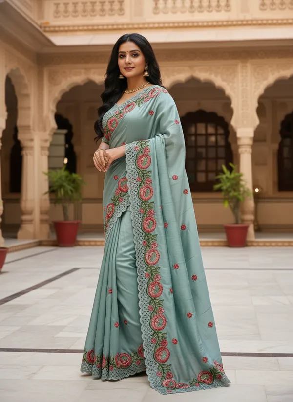 Heavy_Tussar_Silk_sarees_with_Beautiful_Embroidery_&_Sequence_Work_With_Attractive_Cutwork_Border_And_Heavy_Embroidery_&_Sequence_Work_Running_Blouse