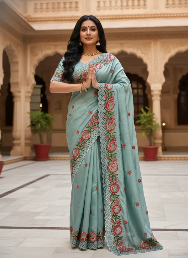 Heavy_Tussar_Silk_sarees_with_Beautiful_Embroidery_&_Sequence_Work_With_Attractive_Cutwork_Border_And_Heavy_Embroidery_&_Sequence_Work_Running_Blouse