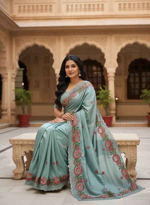 Heavy_Tussar_Silk_sarees_with_Beautiful_Embroidery_&_Sequence_Work_With_Attractive_Cutwork_Border_And_Heavy_Embroidery_&_Sequence_Work_Running_Blouse