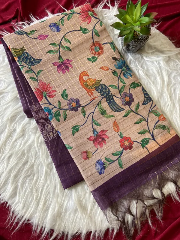 Soft_Semi_Tussar_Silk_sarees_with_Beautiful_Digital_Print_With_Attractive_Border_And_Contrast_Print_Blouse_With_Tassels