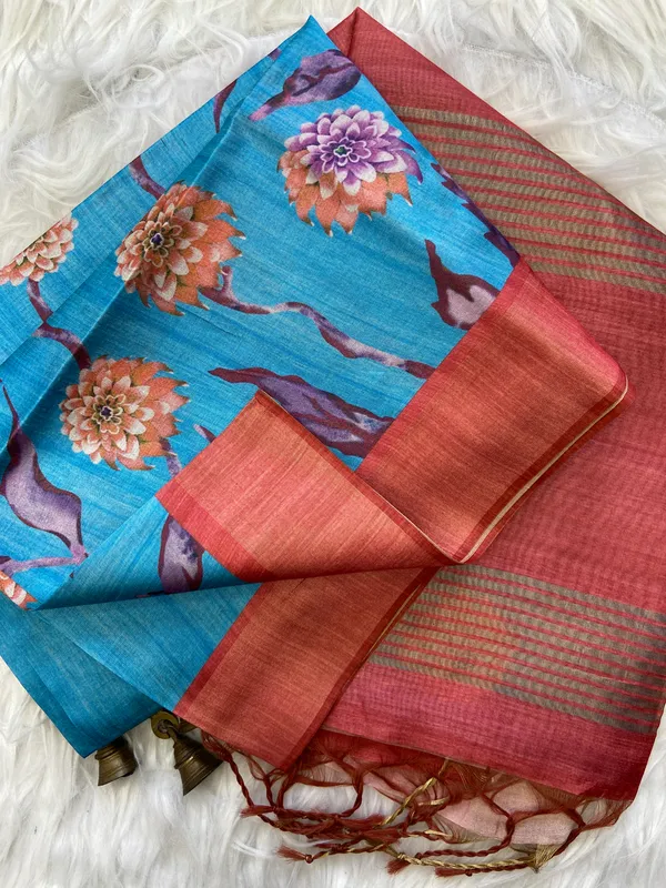 Soft_Tussar_Silk_sarees_with_Beautiful_Print_With_Attractive_Border_And_Contrast_Print_Blouse_With_Tassels