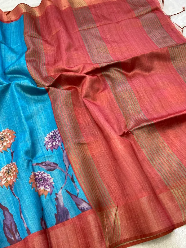 Soft_Tussar_Silk_sarees_with_Beautiful_Print_With_Attractive_Border_And_Contrast_Print_Blouse_With_Tassels