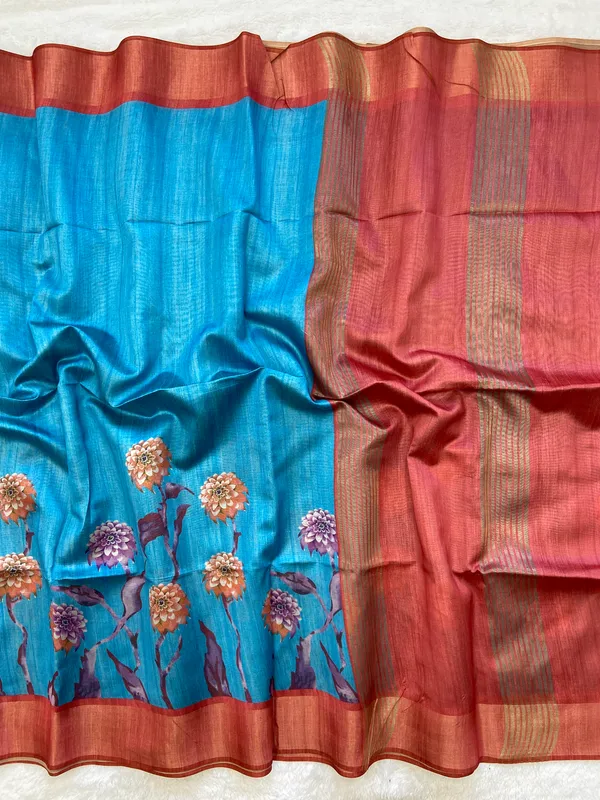 Soft_Tussar_Silk_sarees_with_Beautiful_Print_With_Attractive_Border_And_Contrast_Print_Blouse_With_Tassels