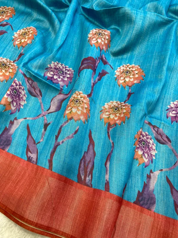 Soft_Tussar_Silk_sarees_with_Beautiful_Print_With_Attractive_Border_And_Contrast_Print_Blouse_With_Tassels
