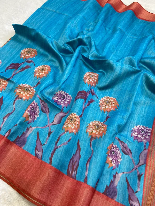 Soft_Tussar_Silk_sarees_with_Beautiful_Print_With_Attractive_Border_And_Contrast_Print_Blouse_With_Tassels
