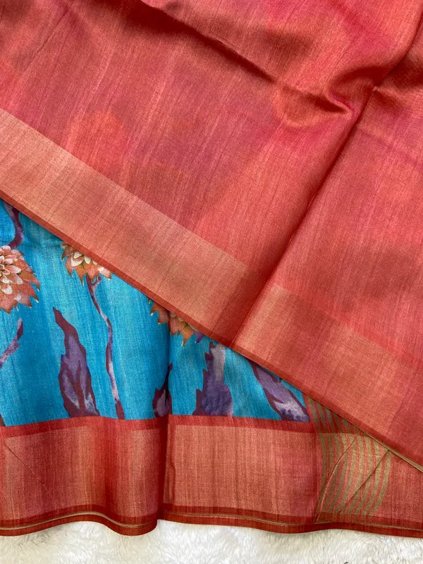Soft_Tussar_Silk_sarees_with_Beautiful_Print_With_Attractive_Border_And_Contrast_Print_Blouse_With_Tassels