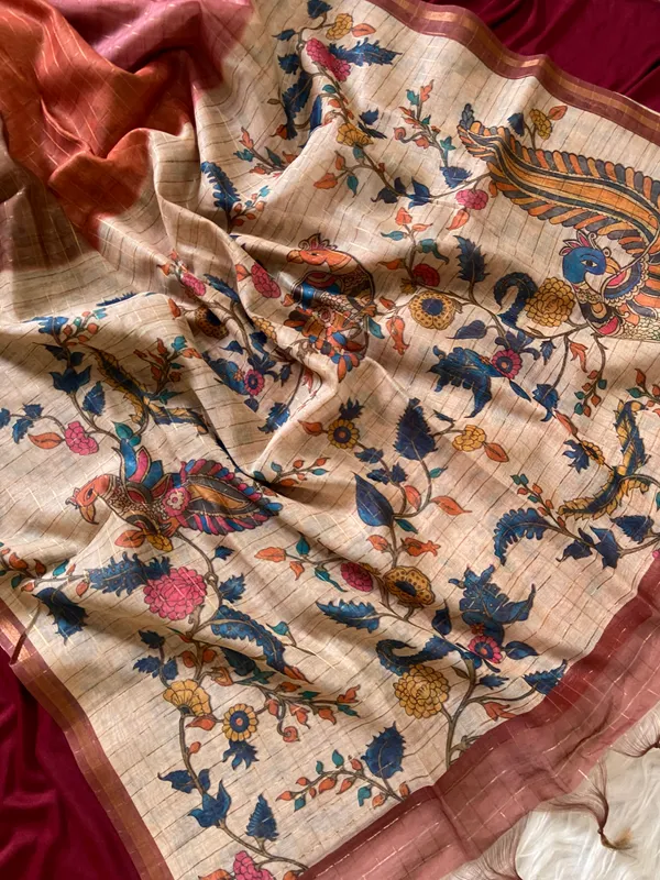 Soft_Semi_Tussar_Silk_sarees_with_Beautiful_Digital_Print_With_Attractive_Border_And_Contrast_Print_Blouse_With_Tassels