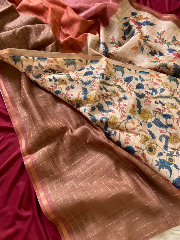 Soft_Semi_Tussar_Silk_sarees_with_Beautiful_Digital_Print_With_Attractive_Border_And_Contrast_Print_Blouse_With_Tassels