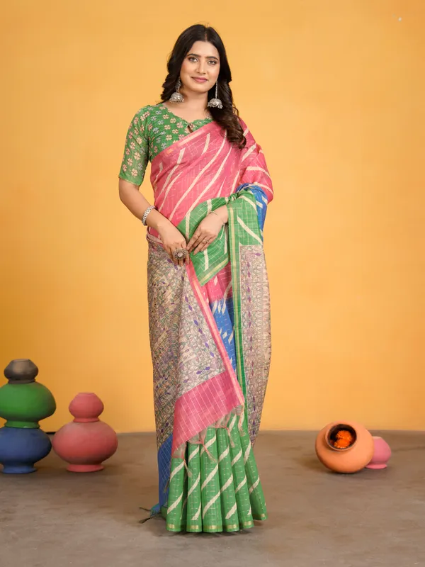 Jemisha_Parrot_Green_&_Pink_–_Festive_Season_Special_|_Soft_Semi_Tussar_Silk_Saree_with_Digital_Print,_Border_&_Contrast_Print_Blouse_with_Tassels