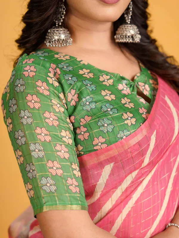 Jemisha_Parrot_Green_&_Pink_–_Festive_Season_Special_|_Soft_Semi_Tussar_Silk_Saree_with_Digital_Print,_Border_&_Contrast_Print_Blouse_with_Tassels