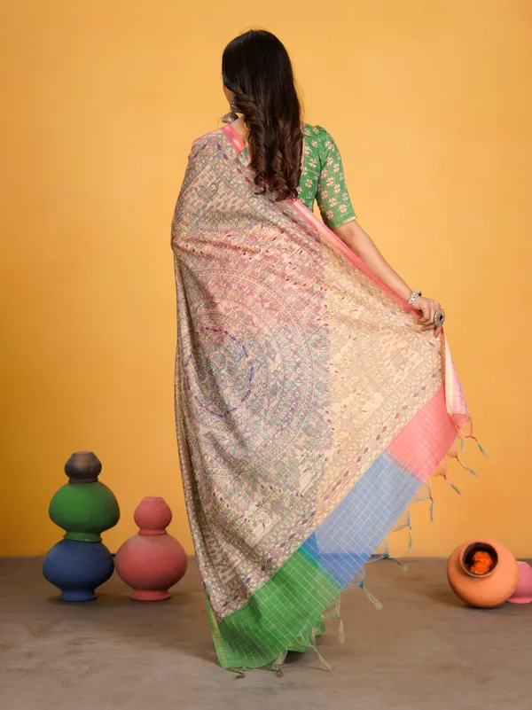 Jemisha_Parrot_Green_&_Pink_–_Festive_Season_Special_|_Soft_Semi_Tussar_Silk_Saree_with_Digital_Print,_Border_&_Contrast_Print_Blouse_with_Tassels