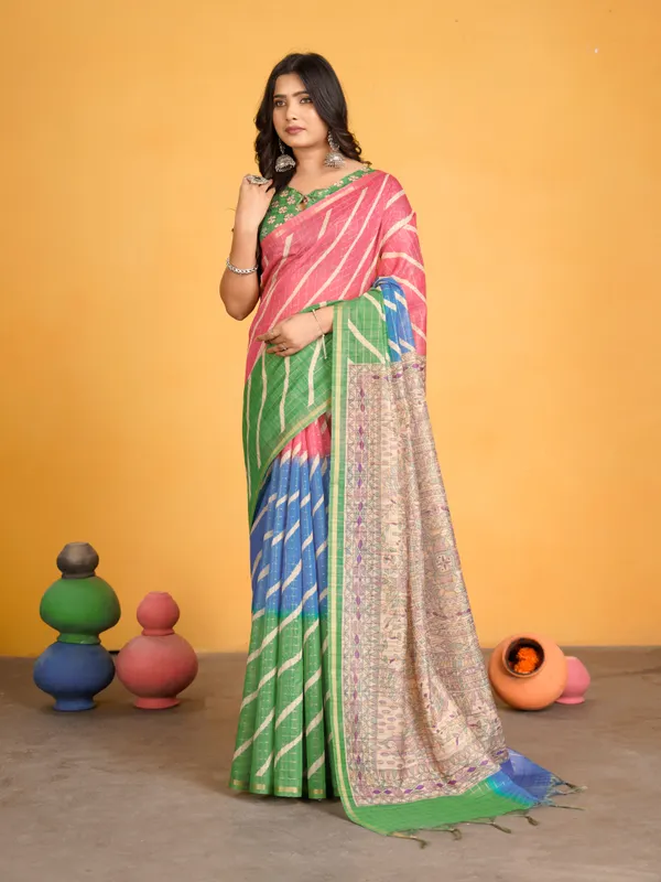 Jemisha_Parrot_Green_&_Pink_–_Festive_Season_Special_|_Soft_Semi_Tussar_Silk_Saree_with_Digital_Print,_Border_&_Contrast_Print_Blouse_with_Tassels
