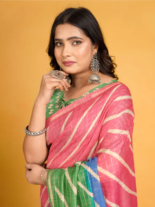 Jemisha_Parrot_Green_&_Pink_–_Festive_Season_Special_|_Soft_Semi_Tussar_Silk_Saree_with_Digital_Print,_Border_&_Contrast_Print_Blouse_with_Tassels