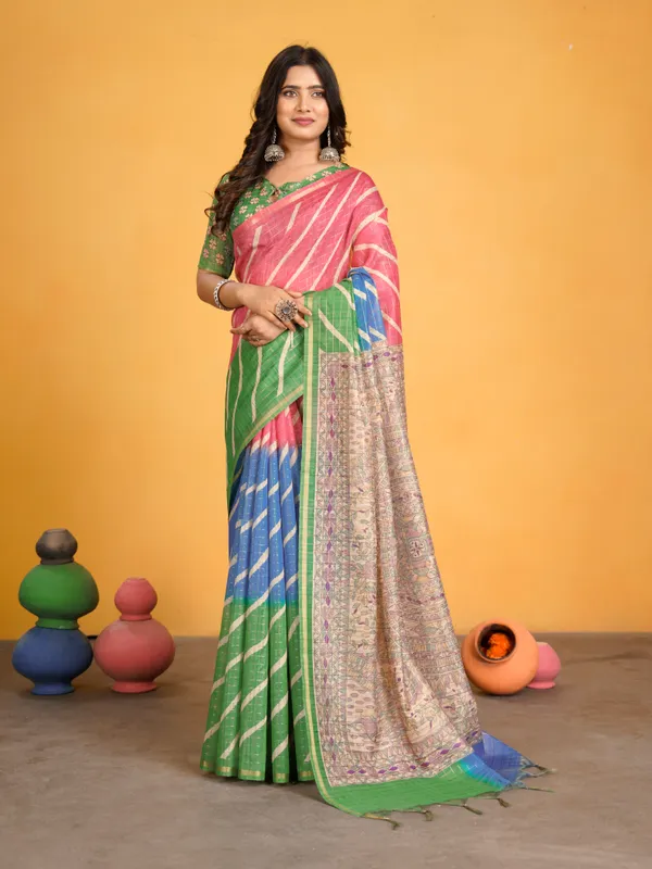 Jemisha_Parrot_Green_&_Pink_–_Festive_Season_Special_|_Soft_Semi_Tussar_Silk_Saree_with_Digital_Print,_Border_&_Contrast_Print_Blouse_with_Tassels